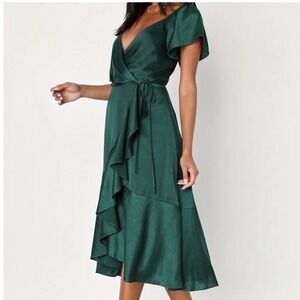 Lulus Forest Green Wrap Dress Short Flutter Sleeve High-Low XS Wedding Guest
